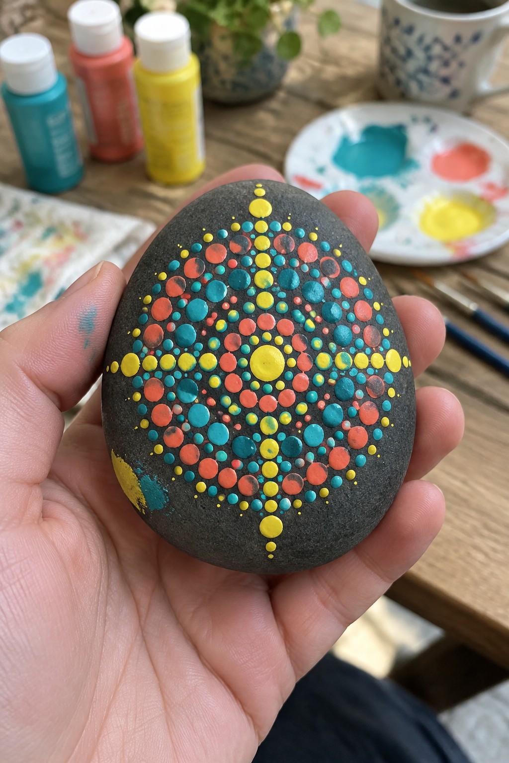 Hand holding dark stone with colorful yellow, coral, and teal dot mandala pattern
