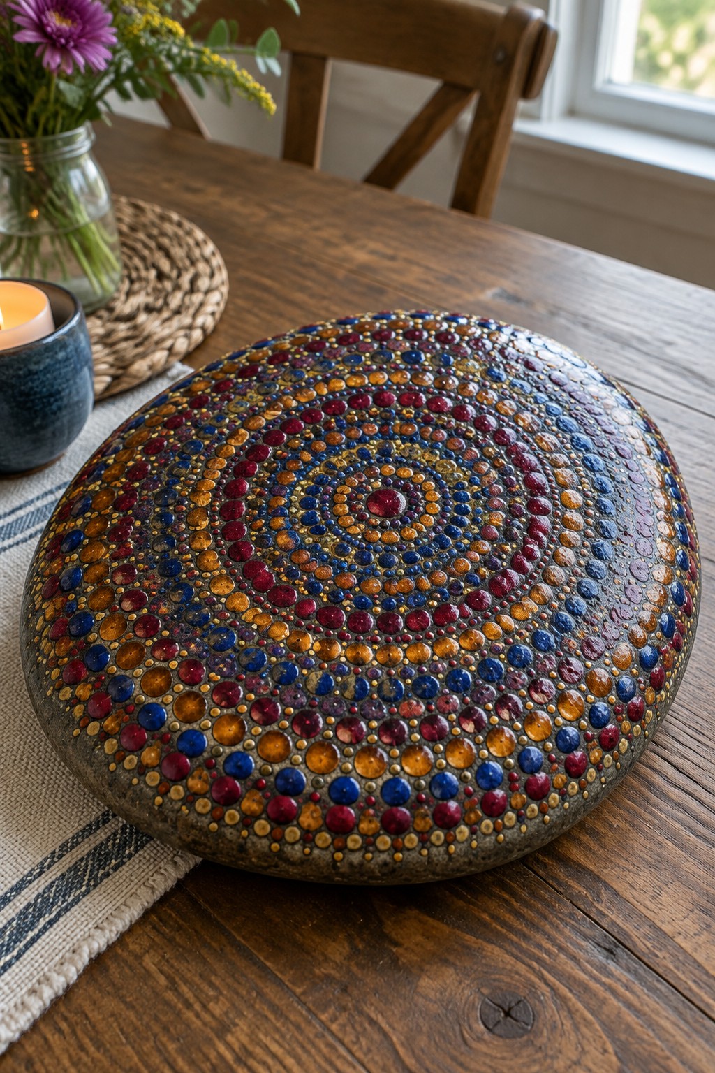 Colorful dotted mandala on round stone atop rustic wooden table with candle