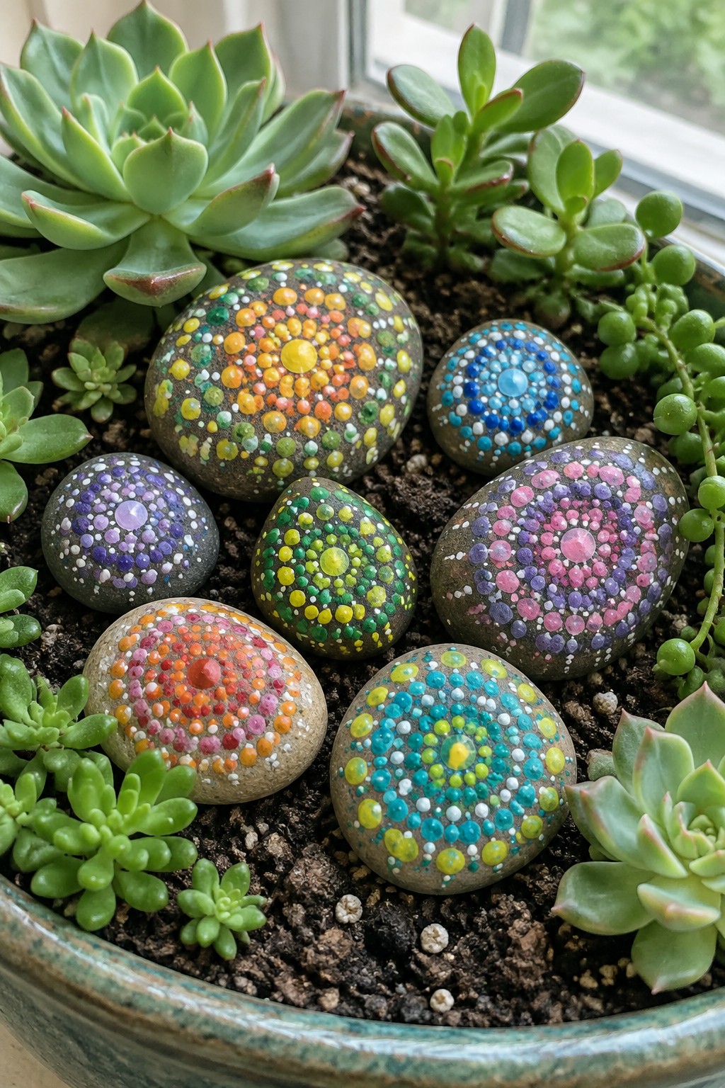 Colorful dot-painted rocks nestled among green succulents in a soil-filled pot