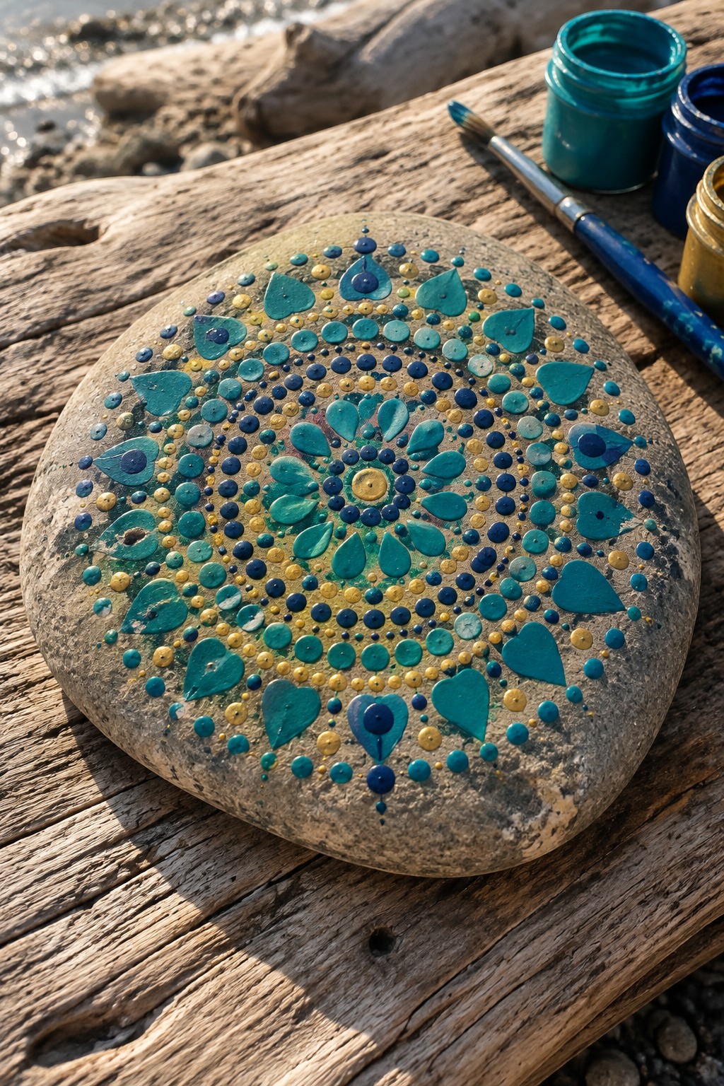 Teal and blue mandala painted on round stone beside paint jars and brush.