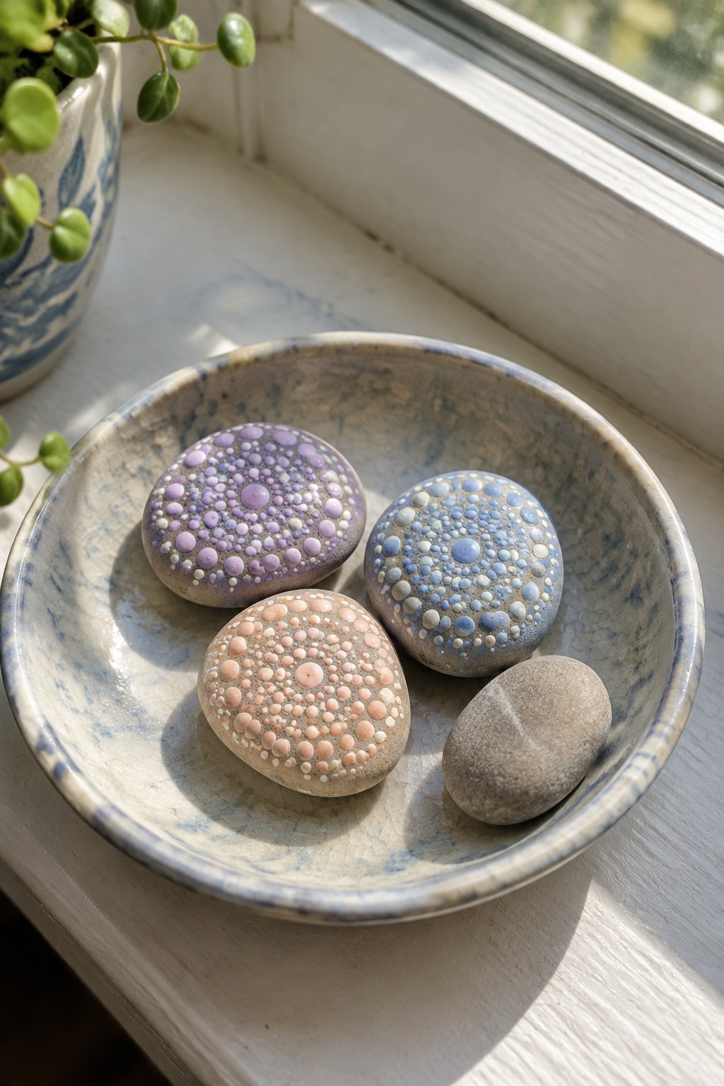 Speckled ceramic bowl with three dotted stones and one plain rock on windowsill