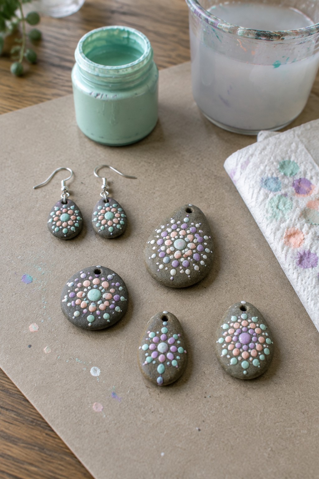 Painted stone earrings and pendants with pastel dot patterns beside mint paint jar