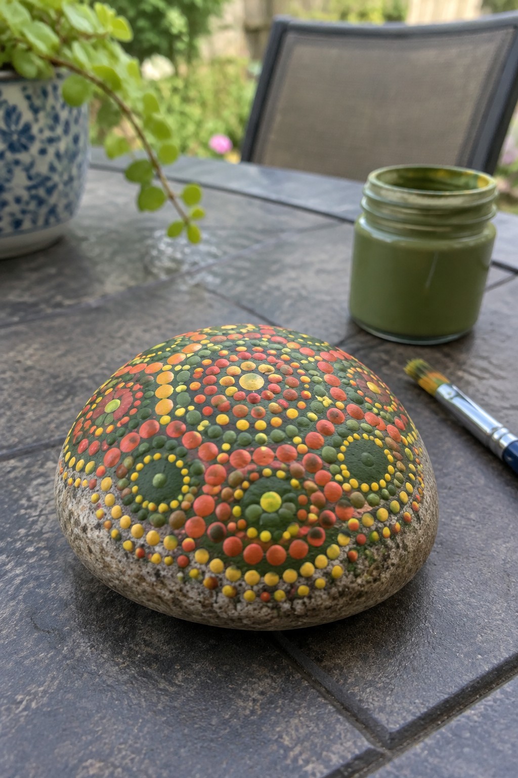 Painted rock with colorful dot mandala beside green paint jar and brush