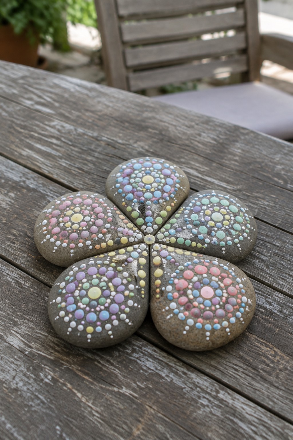 Five round stones with colorful dots arranged as a flower on weathered wood.