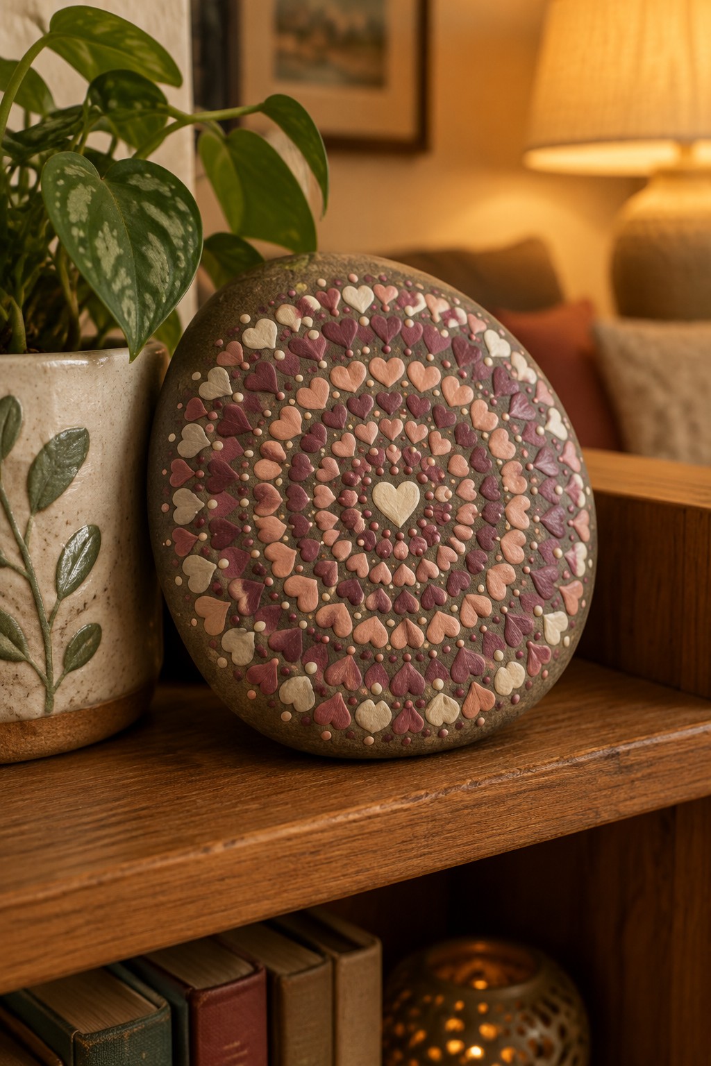 Heart-covered stone in pink tones beside potted plant on wooden shelf