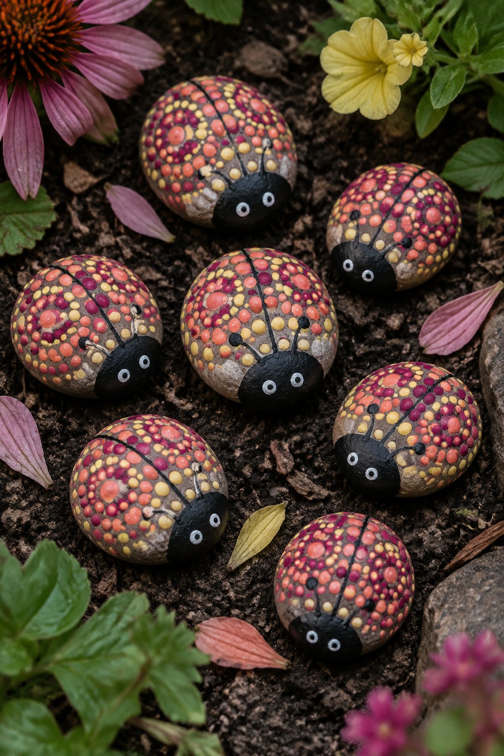 Seven colorful dotted ladybug rocks on garden soil amid flowers and leaves.