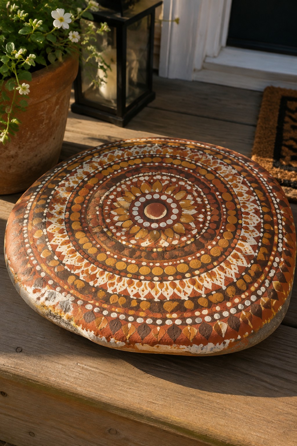 Intricately painted mandala stone with earthy orange patterns on wooden porch deck