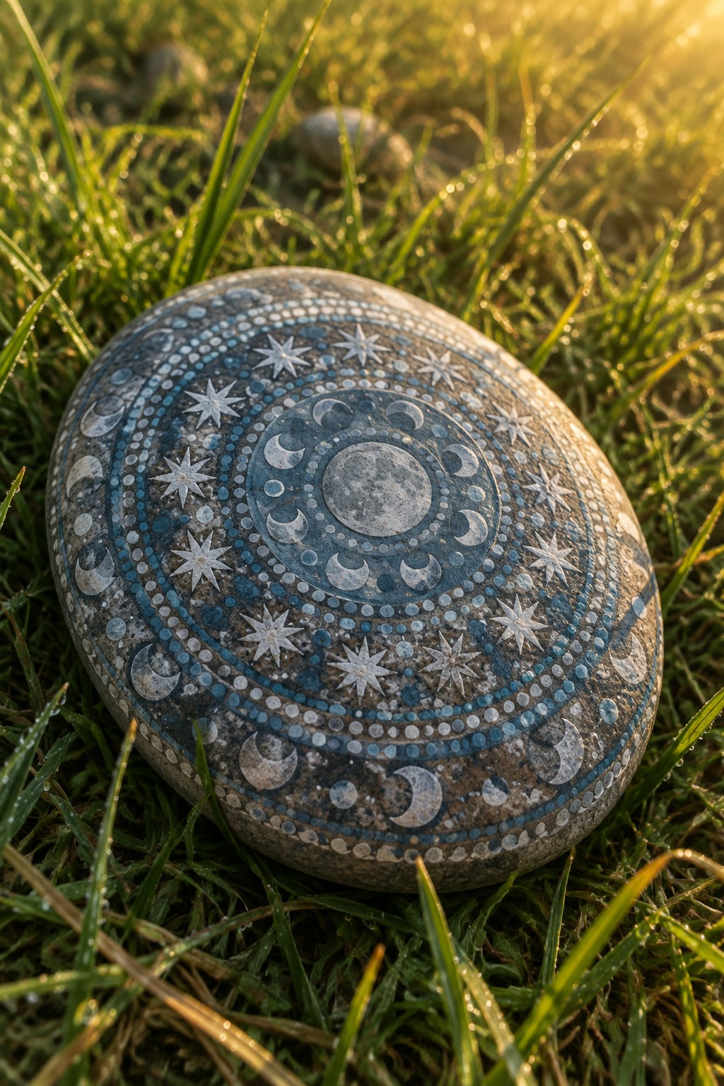 Painted stone with blue moons, stars, and dots resting in green grass