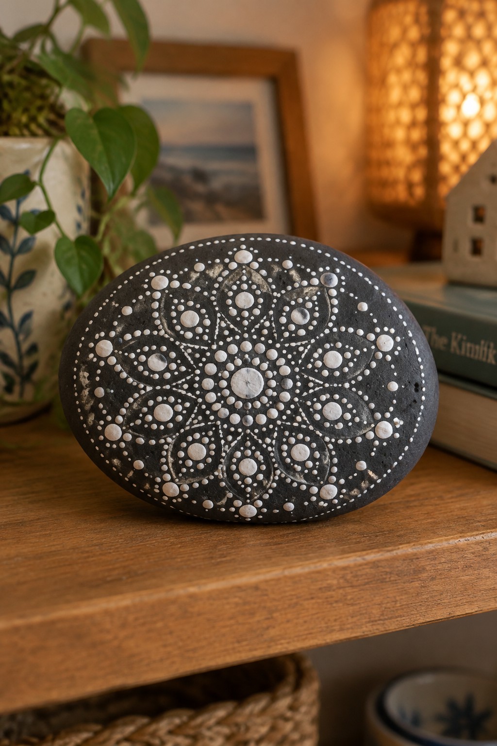 Black stone with white dotted mandala pattern on wooden table
