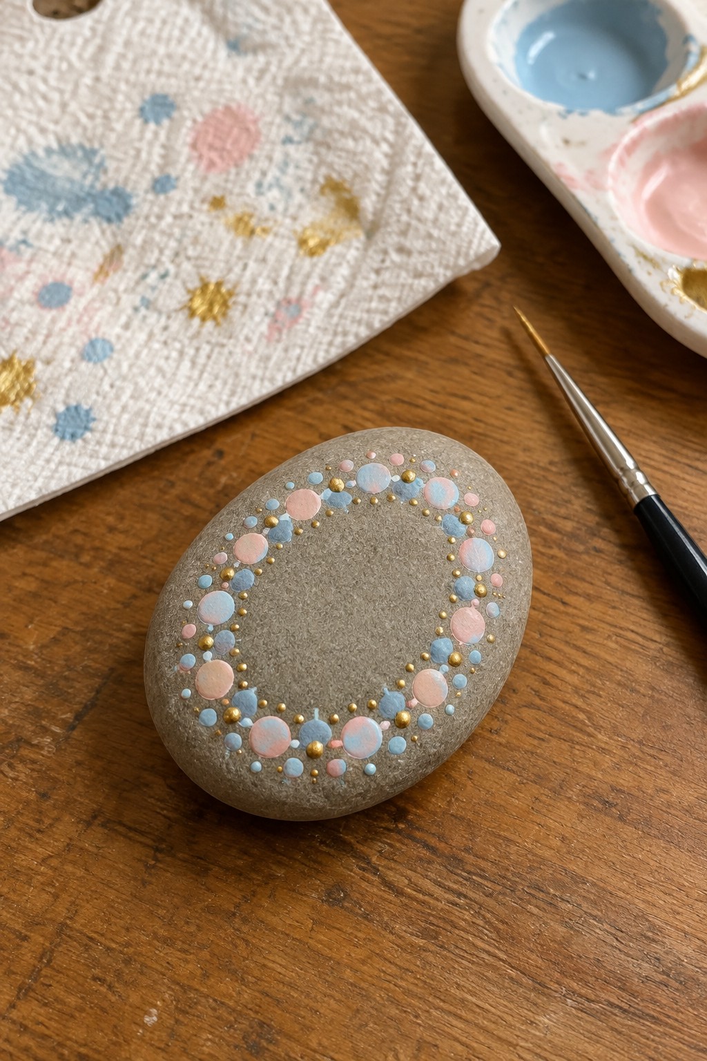 Painted gray stone with blue pink gold dotted circle beside palette and brush on wood