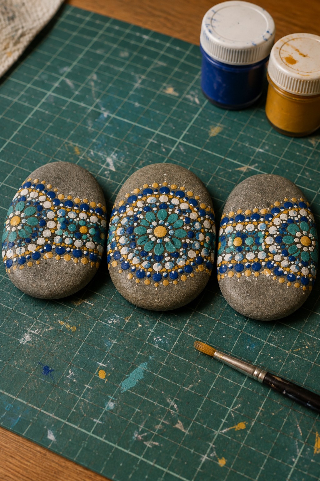Three painted stones with blue-yellow dot mandalas on green grid mat beside paints and brush.