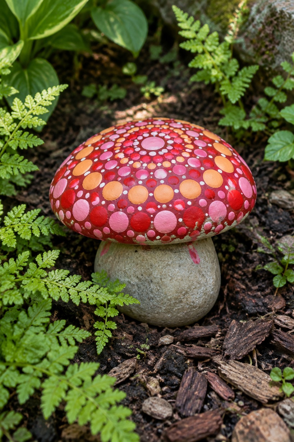 Painted red mushroom rock with pink and orange dots among green ferns