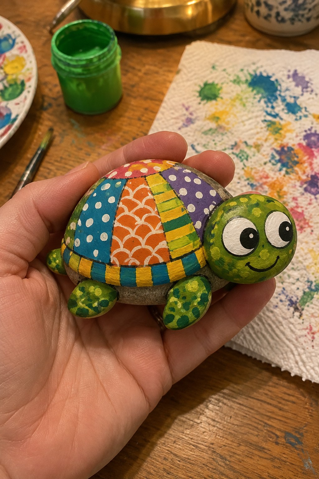 Hand holding vibrant painted rock turtle with colorful patterned shell and cartoon face.