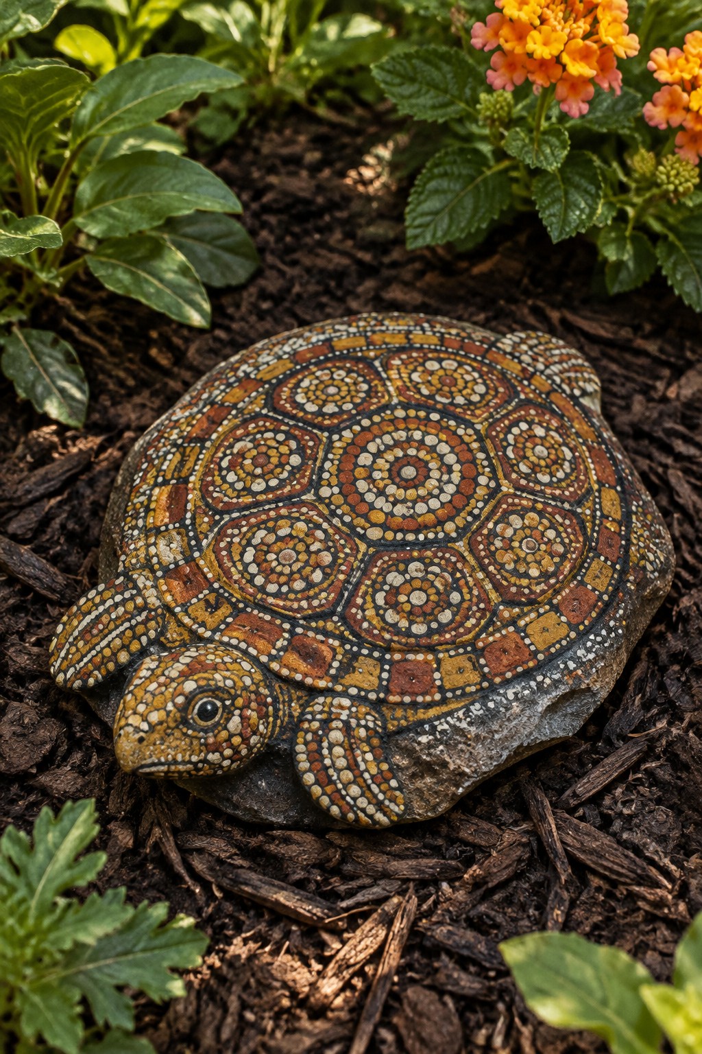 Intricately dotted painted turtle rock amid garden mulch, leaves, and orange flowers.