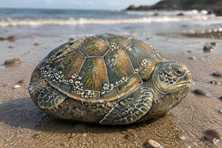 Painted sea turtle rock on wet sand by ocean waves at beach