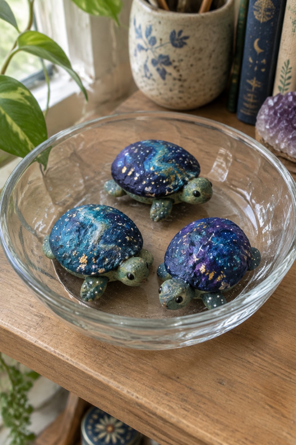 Three galaxy-painted turtle figurines nestled in a clear glass bowl on wood