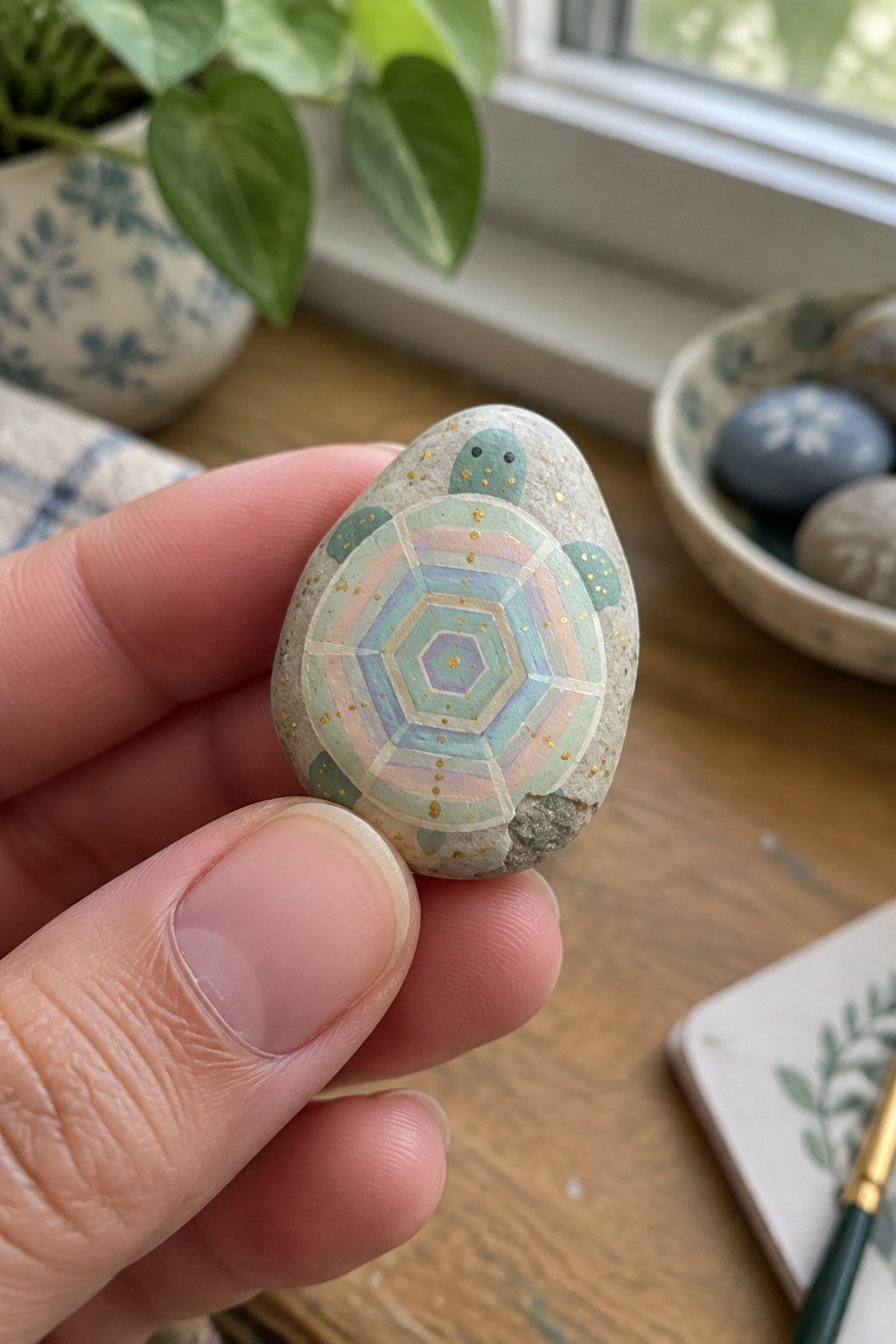 Hand holding egg-shaped rock with pastel turtle shell and gold dots