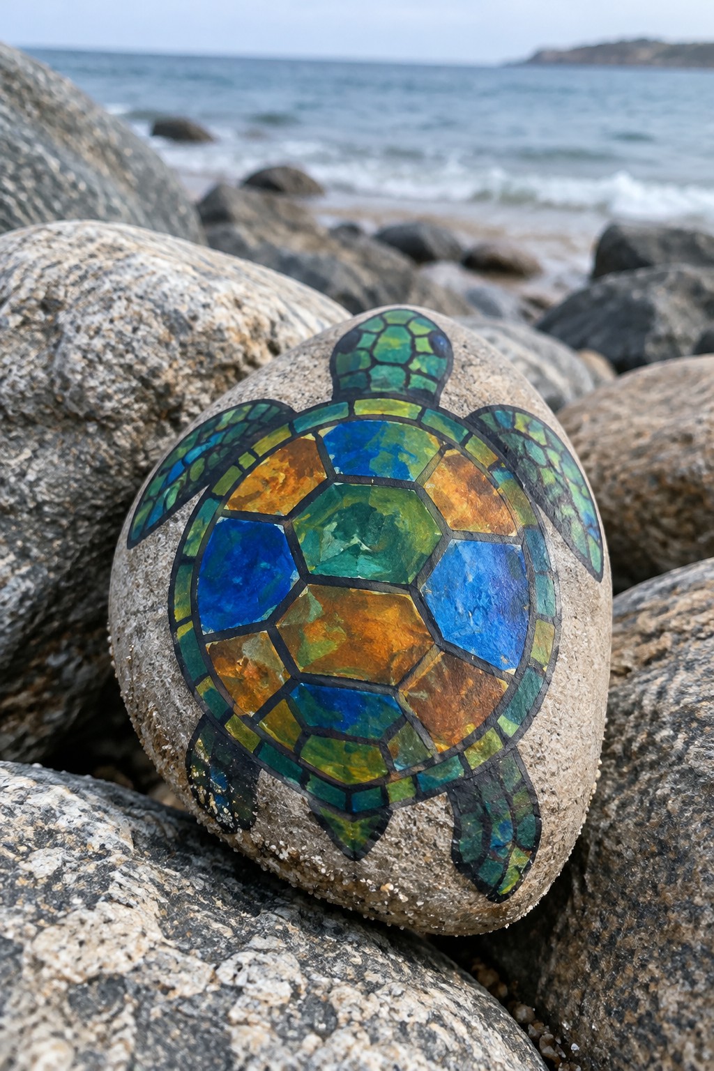 Colorful mosaic sea turtle painted on a rock amid ocean boulders