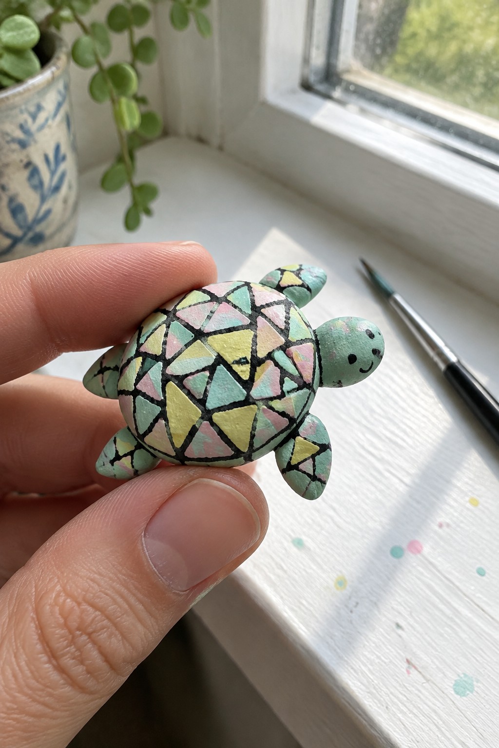 Hand holding small turtle figurine with pastel mosaic shell on windowsill