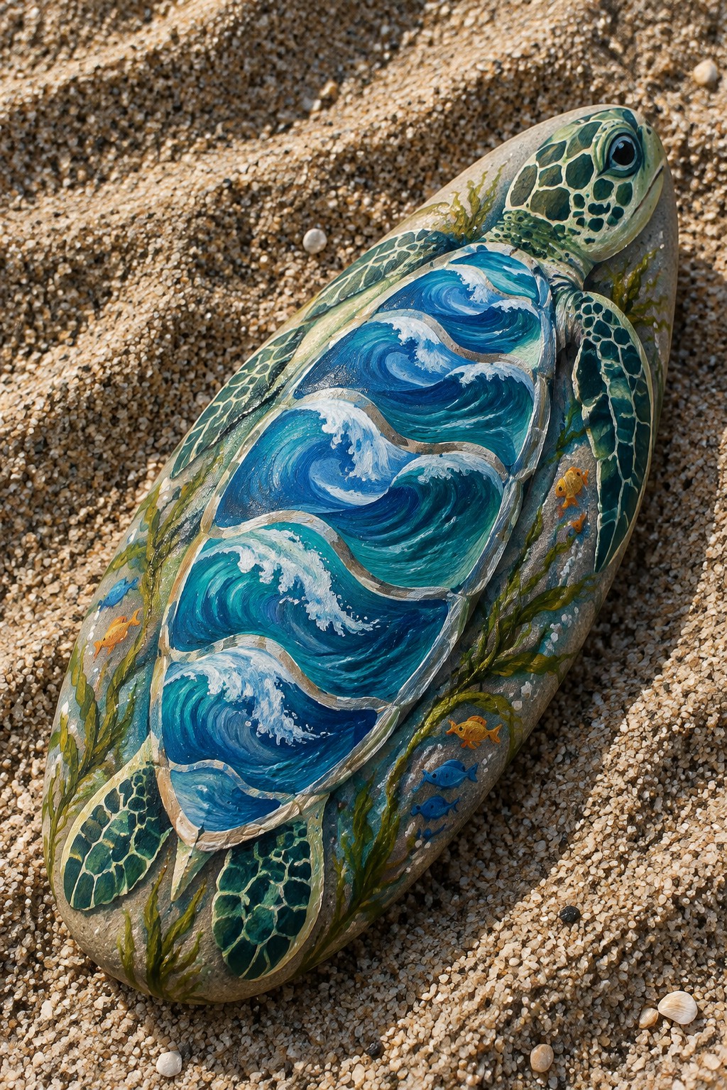Painted sea turtle rock on sand with blue waves, fish, and seaweed.