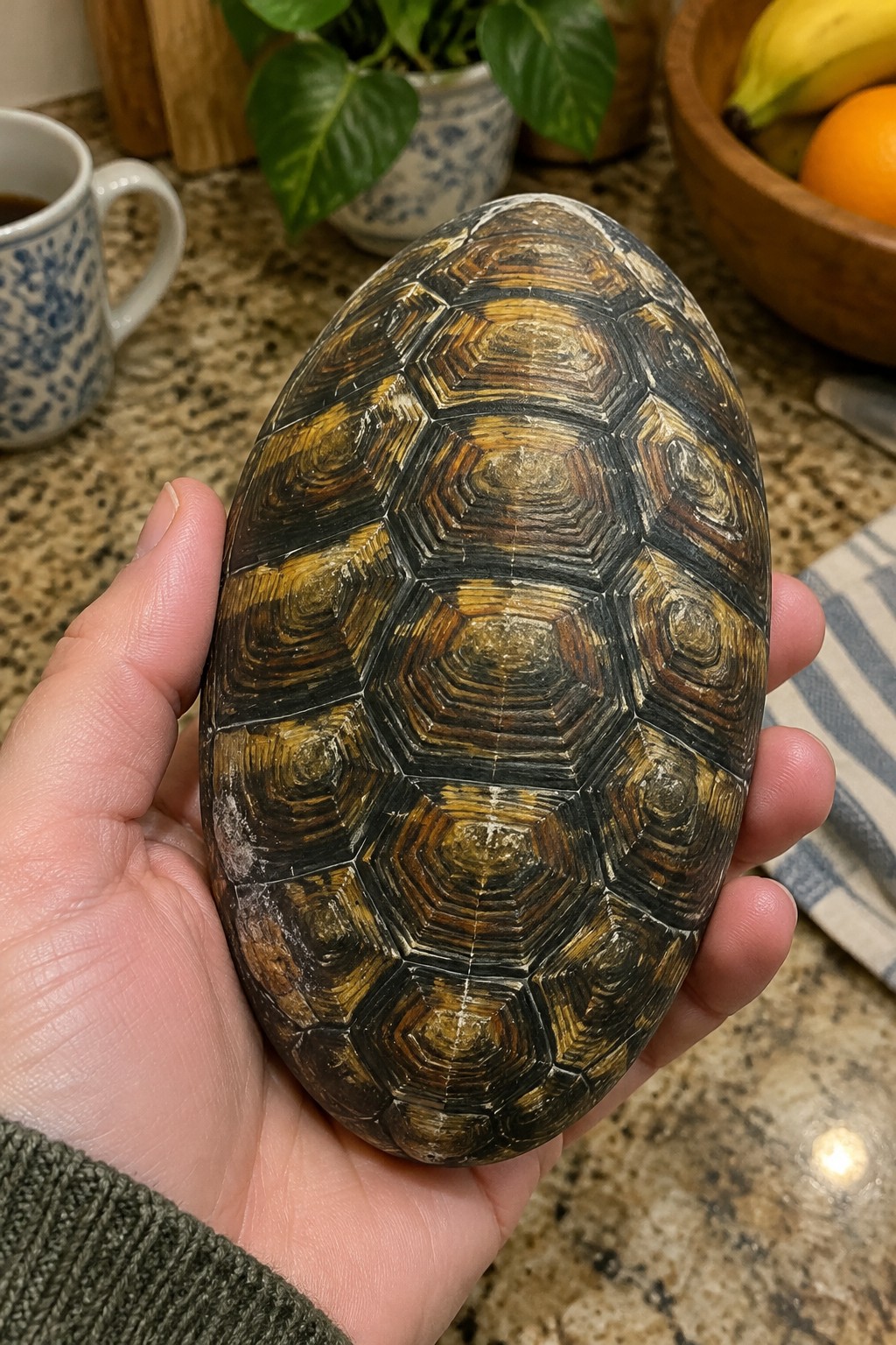 Hand holding large tortoise shell with brown, yellow, black patterns on kitchen counter.