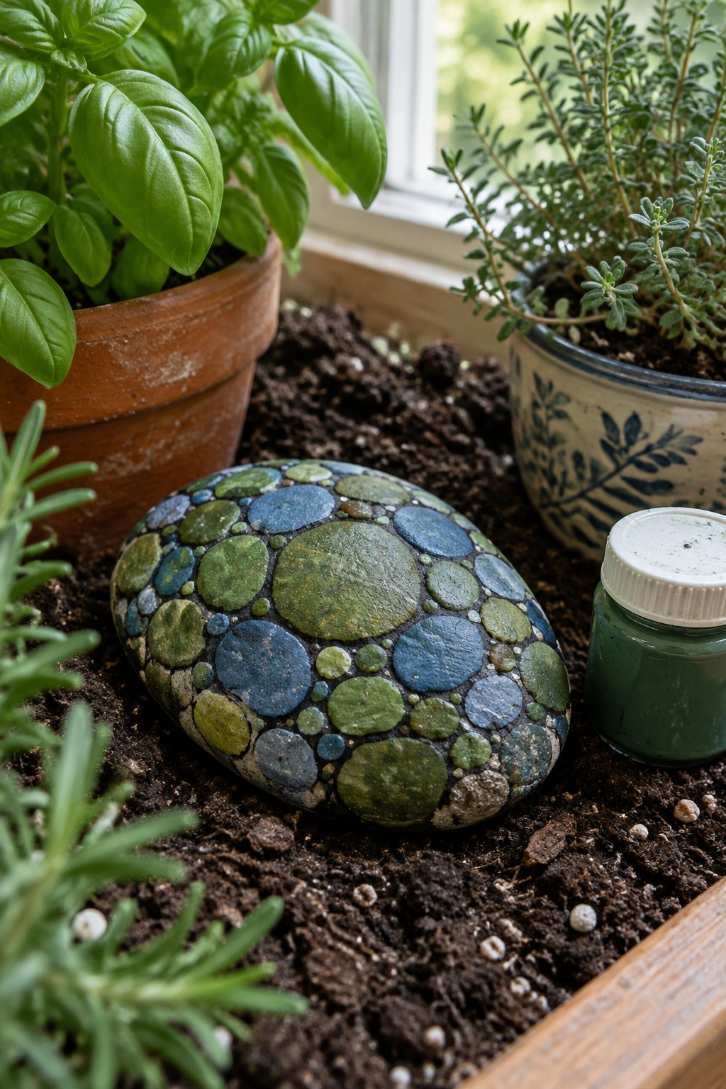 Blue and green painted rock on soil beside potted basil, thyme, and paint jar