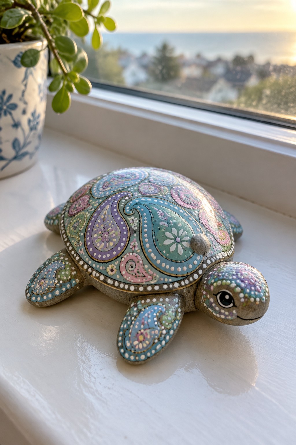 Colorful paisley-painted turtle figurine on windowsill with ocean view and plant