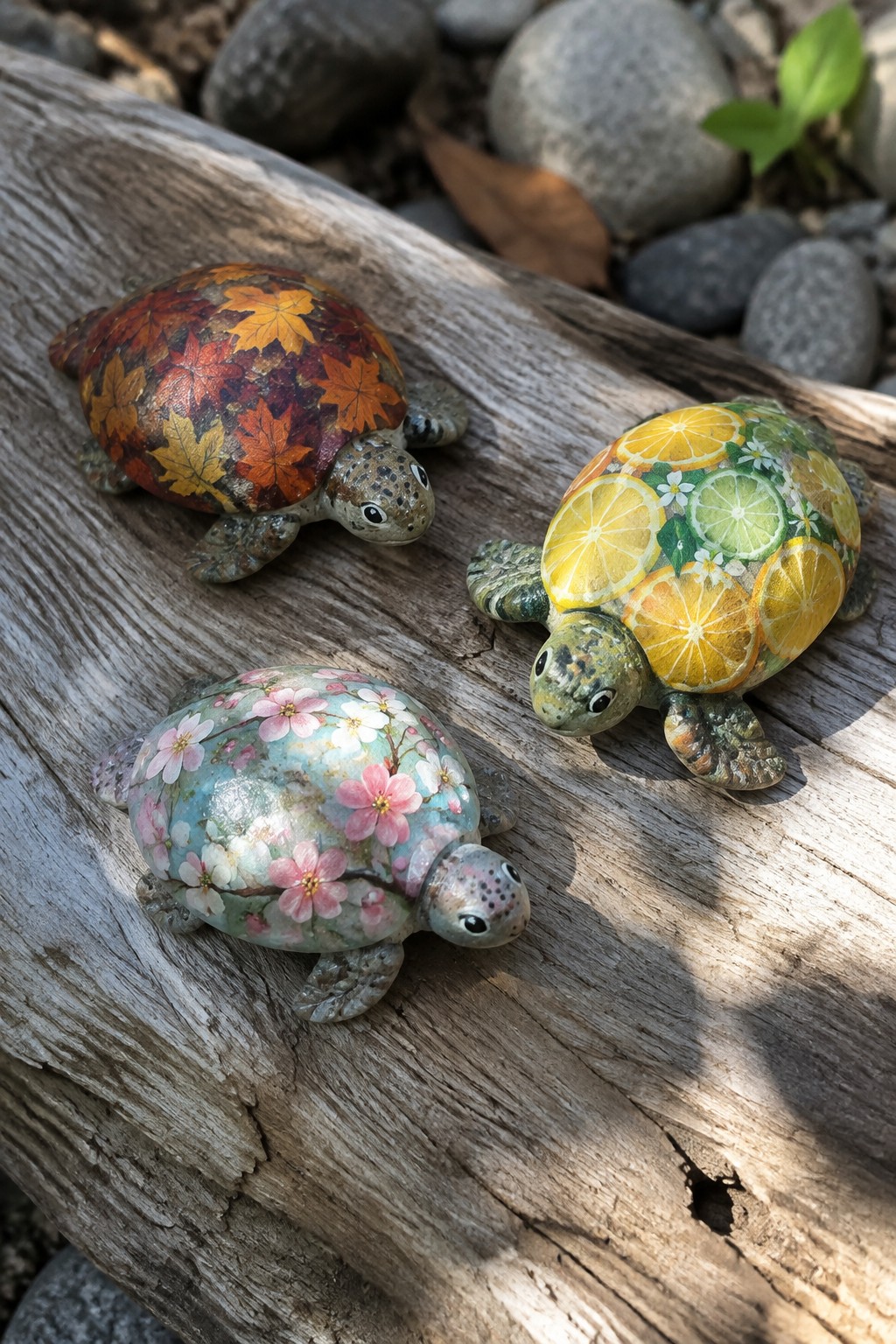 Three ceramic turtles with autumn leaves, citrus slices, and cherry blossom designs on driftwood.