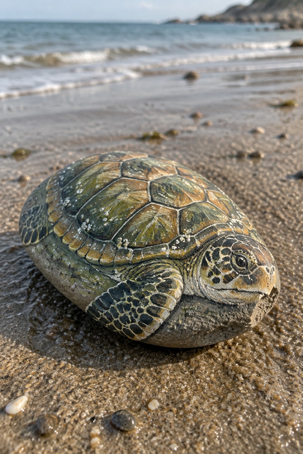 Painted sea turtle rock on wet sand by ocean waves at beach