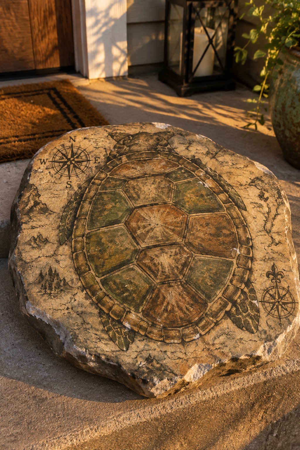 Weathered stone slab engraved with colorful turtle shell, compasses, and mountain designs.