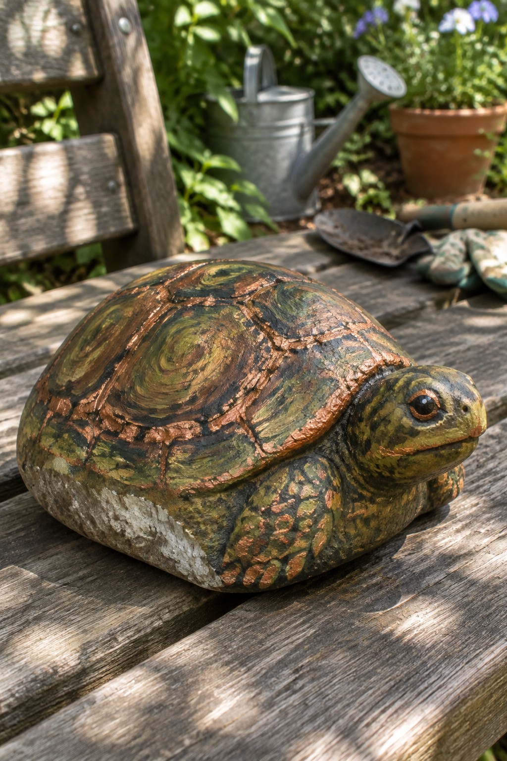 Painted green-brown turtle sculpture on wooden bench amid garden tools and flowers