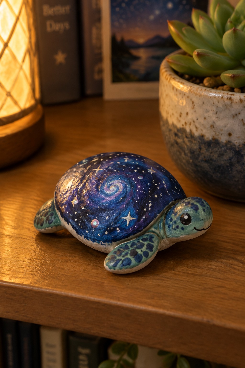 Painted ceramic turtle with swirling galaxy shell on wooden shelf beside succulent
