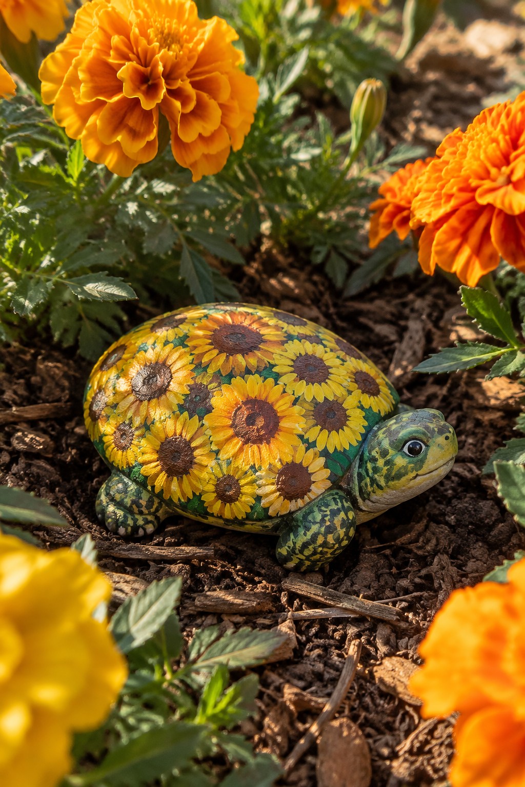 Sunflower-painted turtle figurine nestled among orange marigold flowers in garden soil