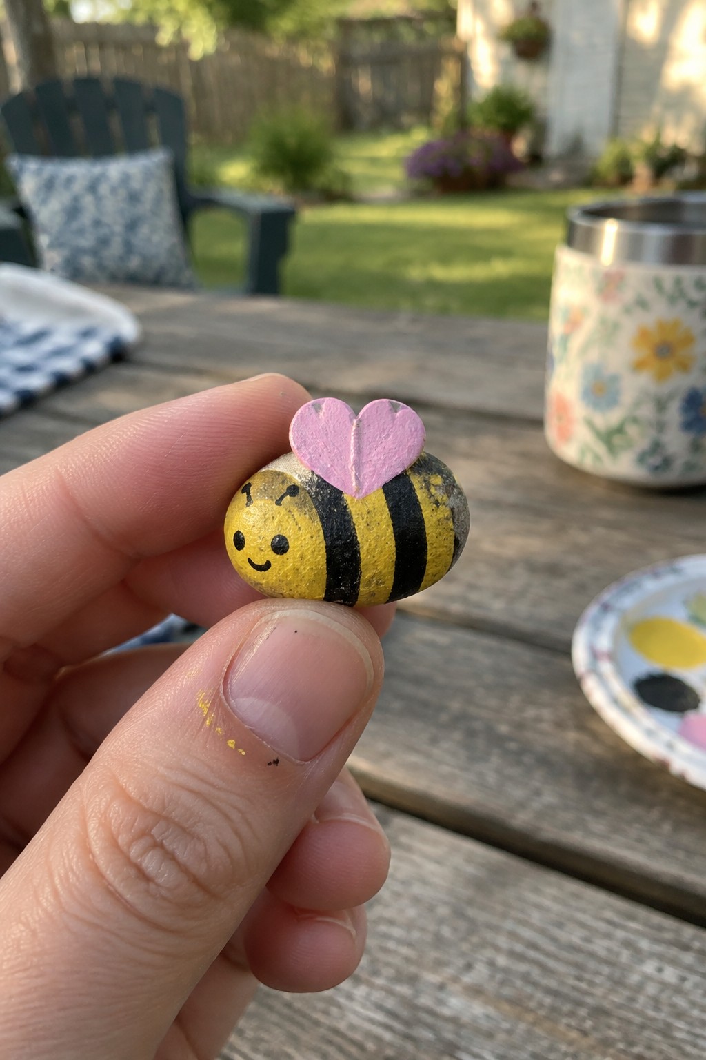 Hand holding yellow-and-black striped bee rock with pink heart and face