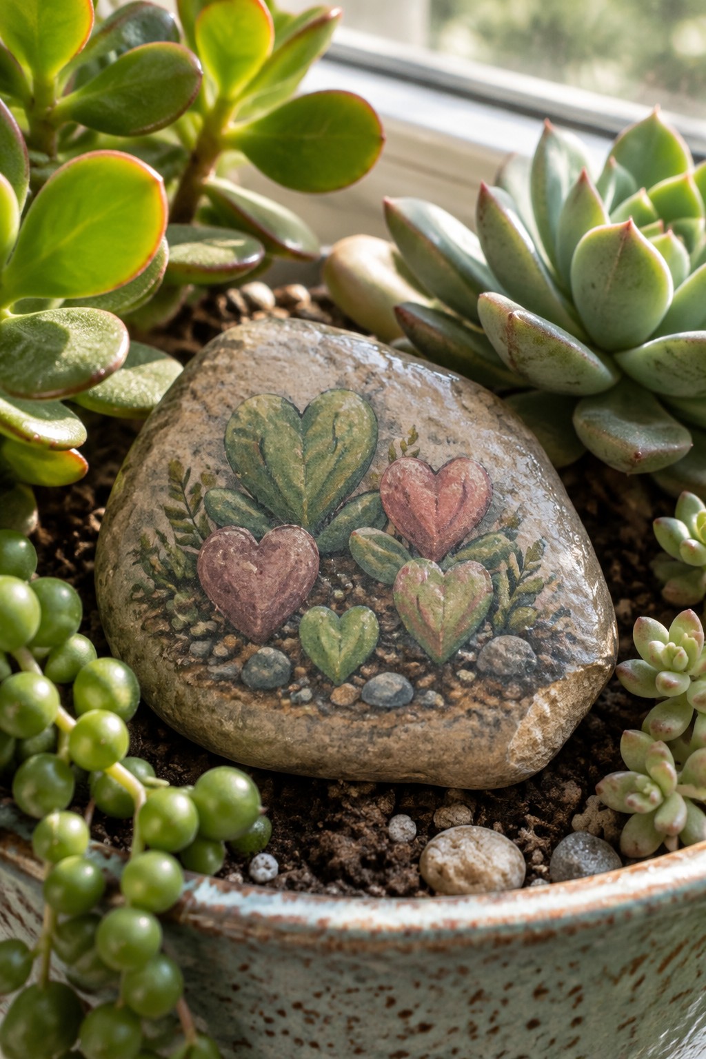 Painted rock with hearts and leaves among succulents in a ceramic pot