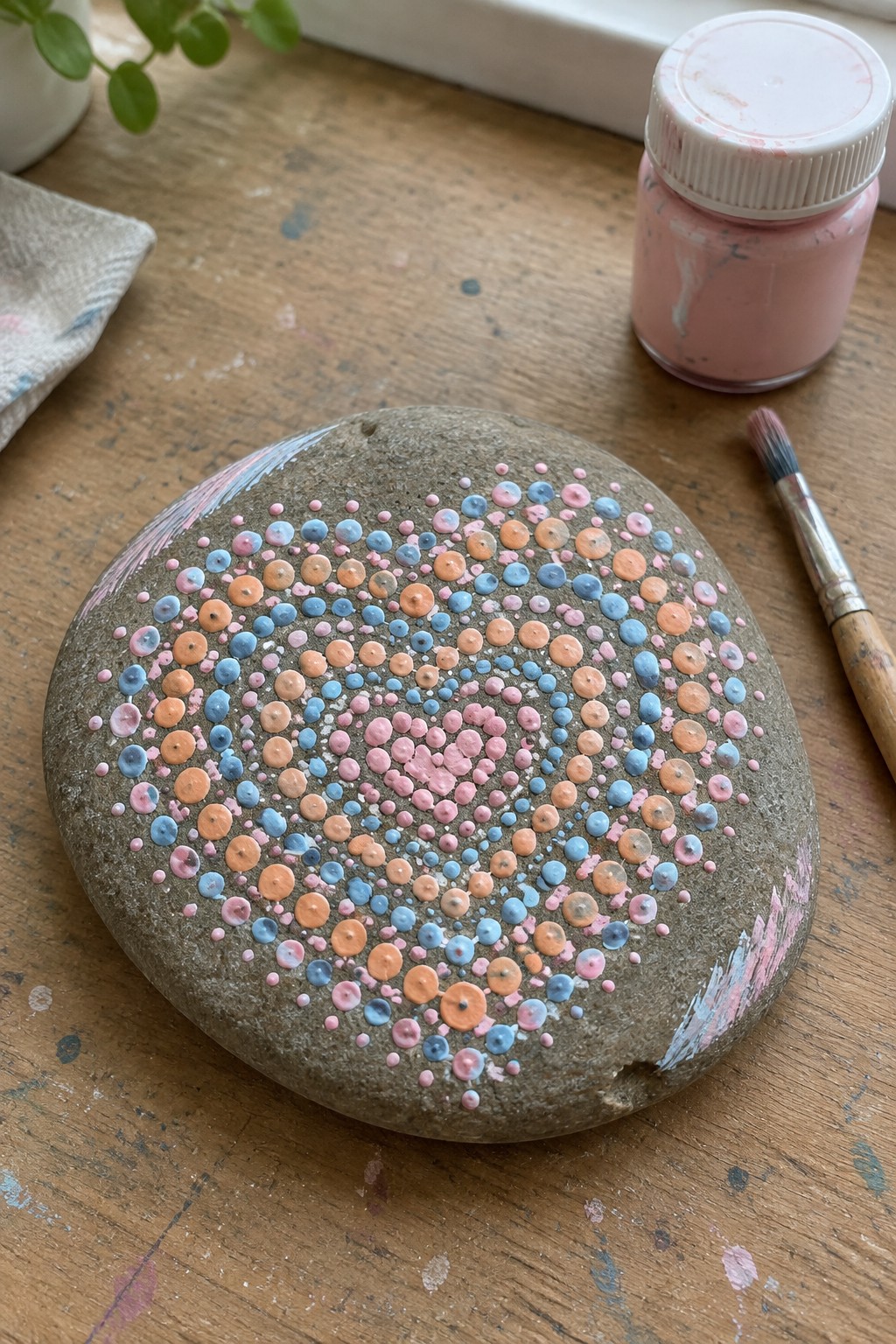 Painted gray rock with pink blue orange dot spiral on wooden table beside paint jar