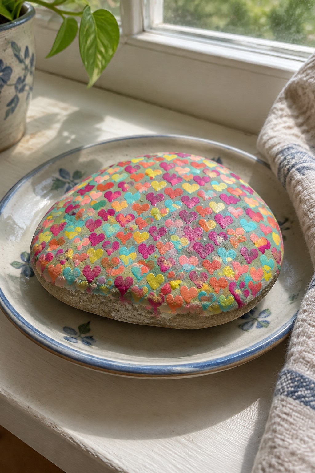 Colorful heart-painted rock on a floral ceramic plate by a sunny window
