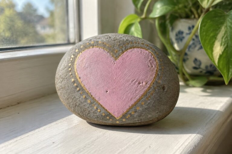 20 Valentine’s Day Rock Painting Ideas Featuring Heart Patterns Gray stone with pink heart and gold dotted border on windowsill by plant