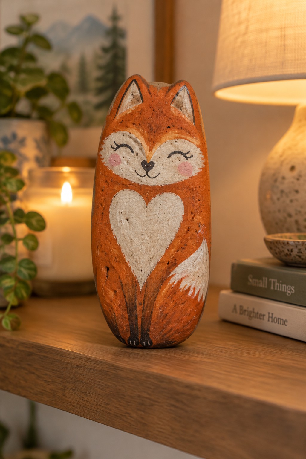 Hand-painted orange fox figurine with white heart on wooden shelf beside candle