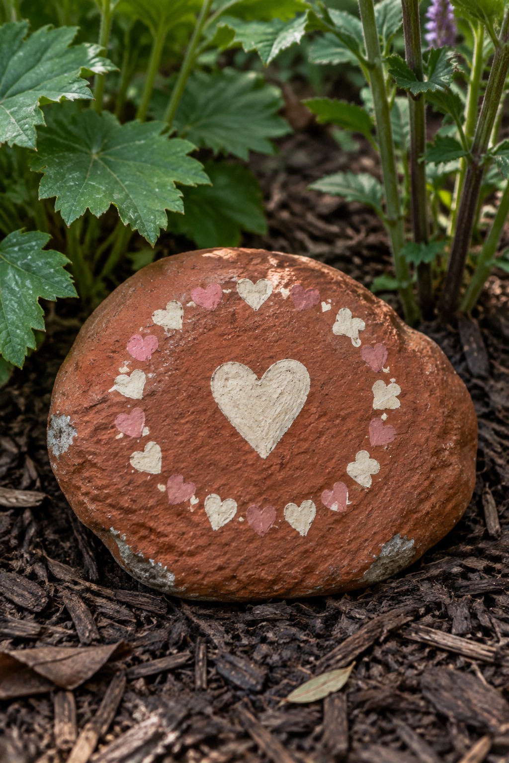 Terracotta rock with central white heart encircled by smaller pink and white hearts on mulch
