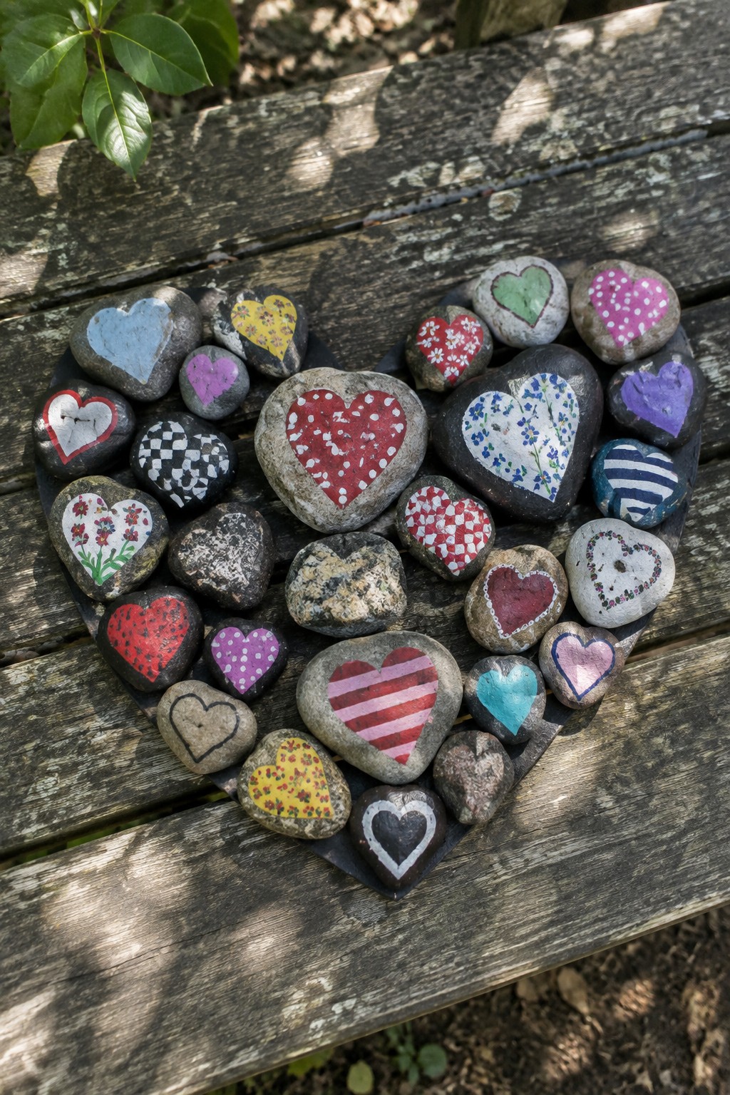 Colorful painted heart rocks arranged in large heart shape on weathered wooden bench