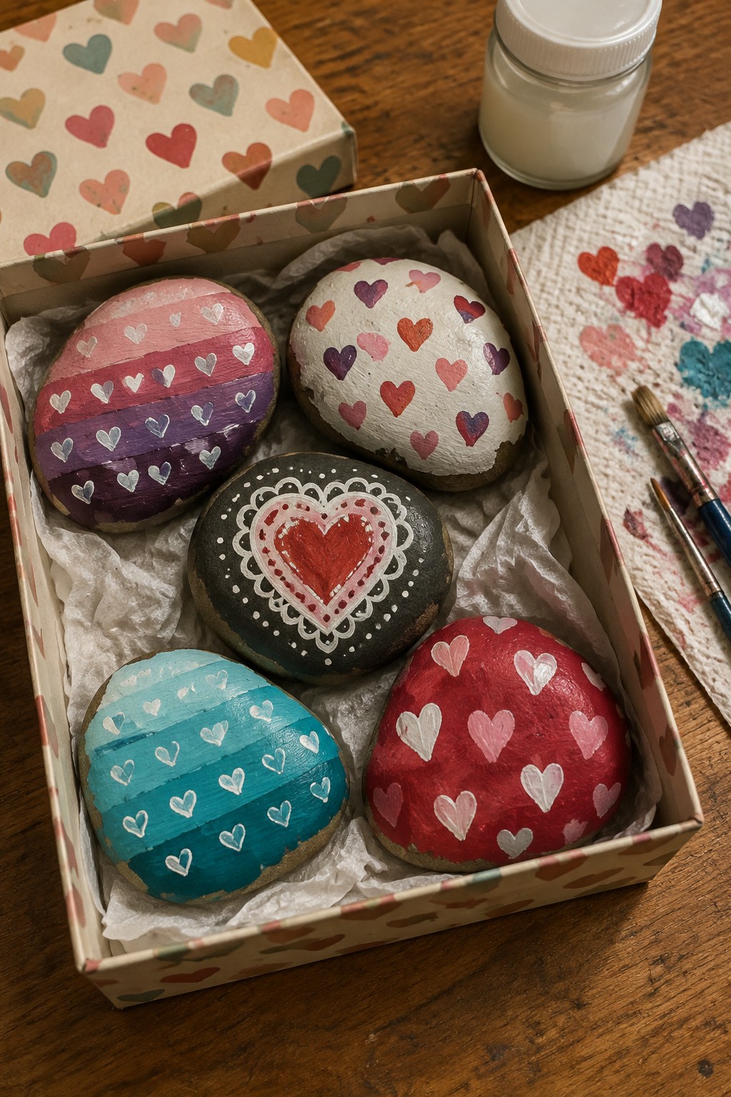 Five painted heart rocks in open decorative box beside paint jar and brushes.