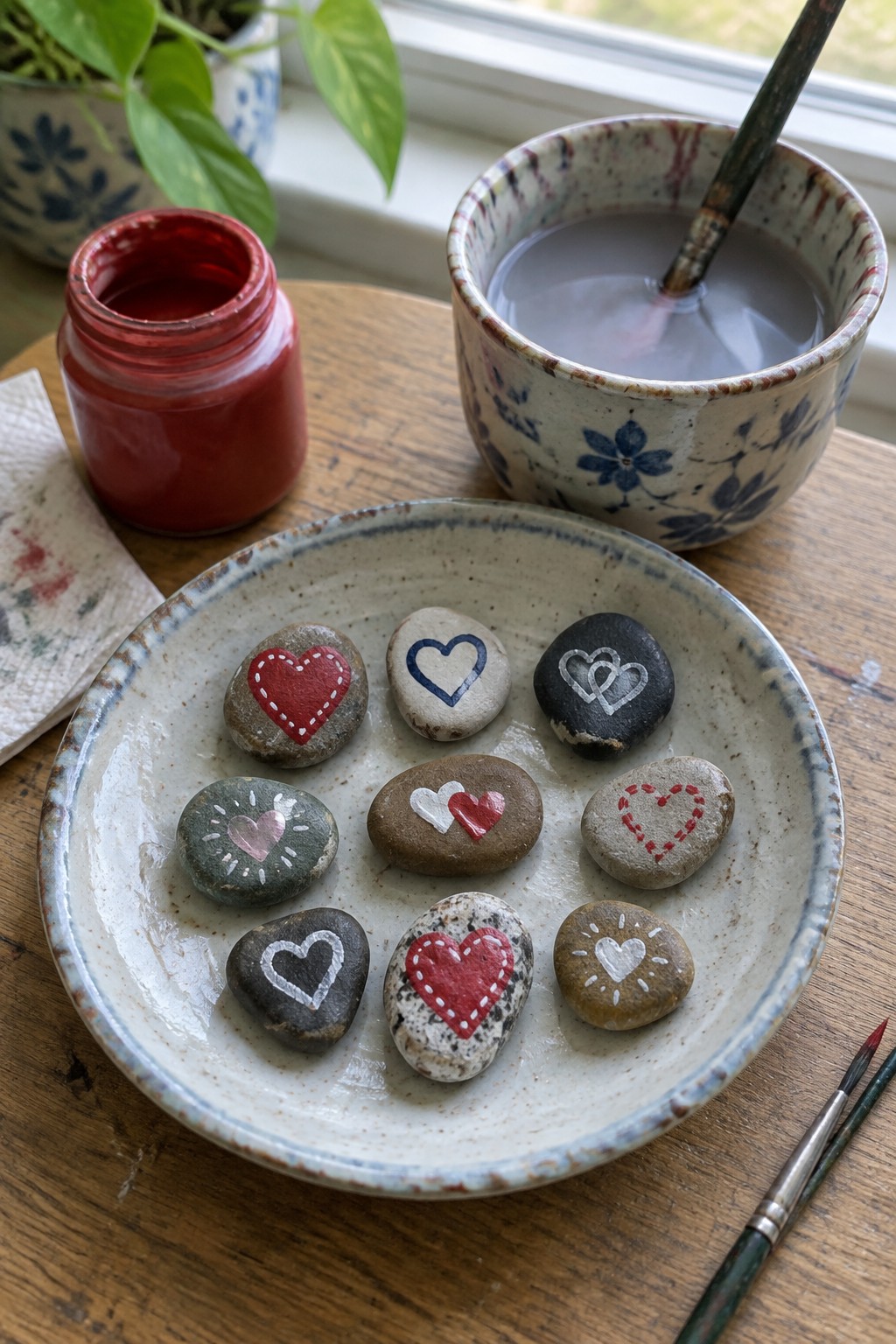 Heart-painted stones on ceramic plate with red paint jar and brushes on wood table