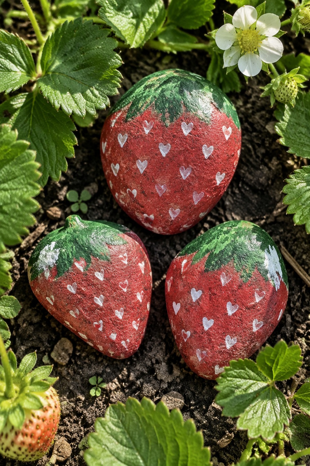 Three painted strawberry rocks with white hearts amid green leaves and soil