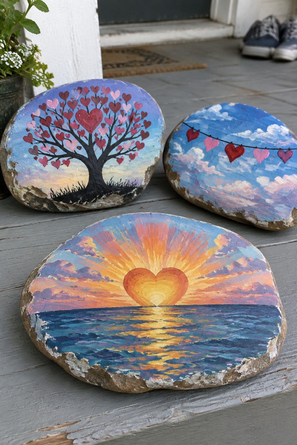 Three painted rocks show heart tree, sky garland, and ocean sunset with heart sun on wood.