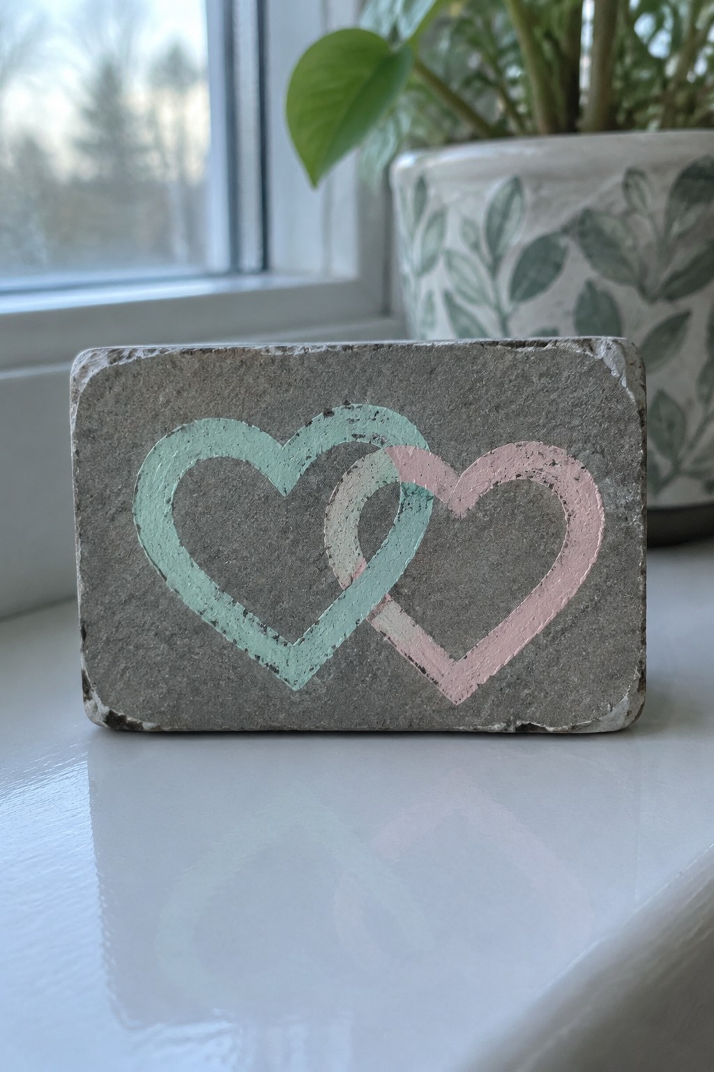 Gray stone block with overlapping mint green and pink hearts on sill