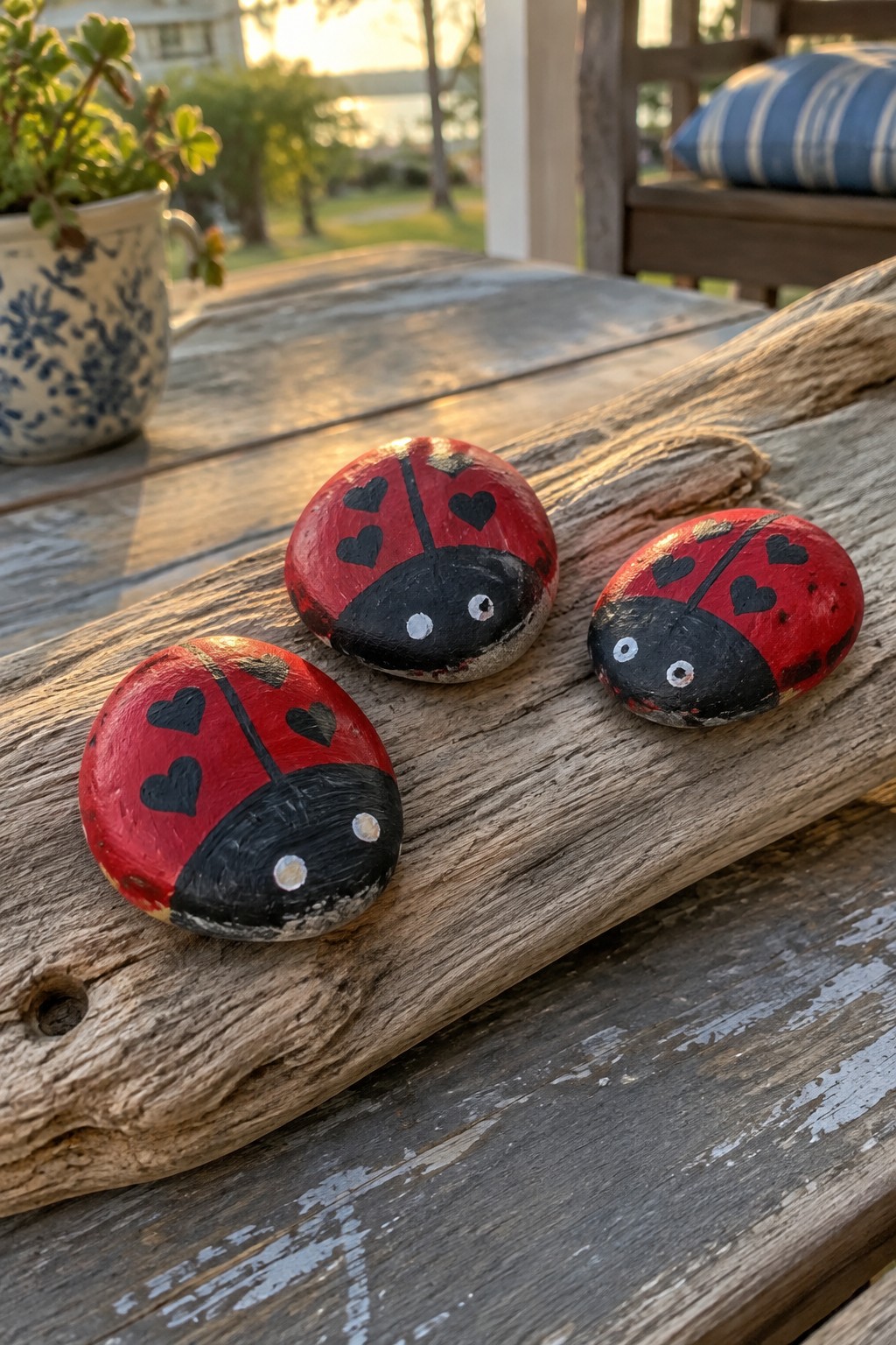 Three red ladybug rocks with heart spots on weathered driftwood outdoors.