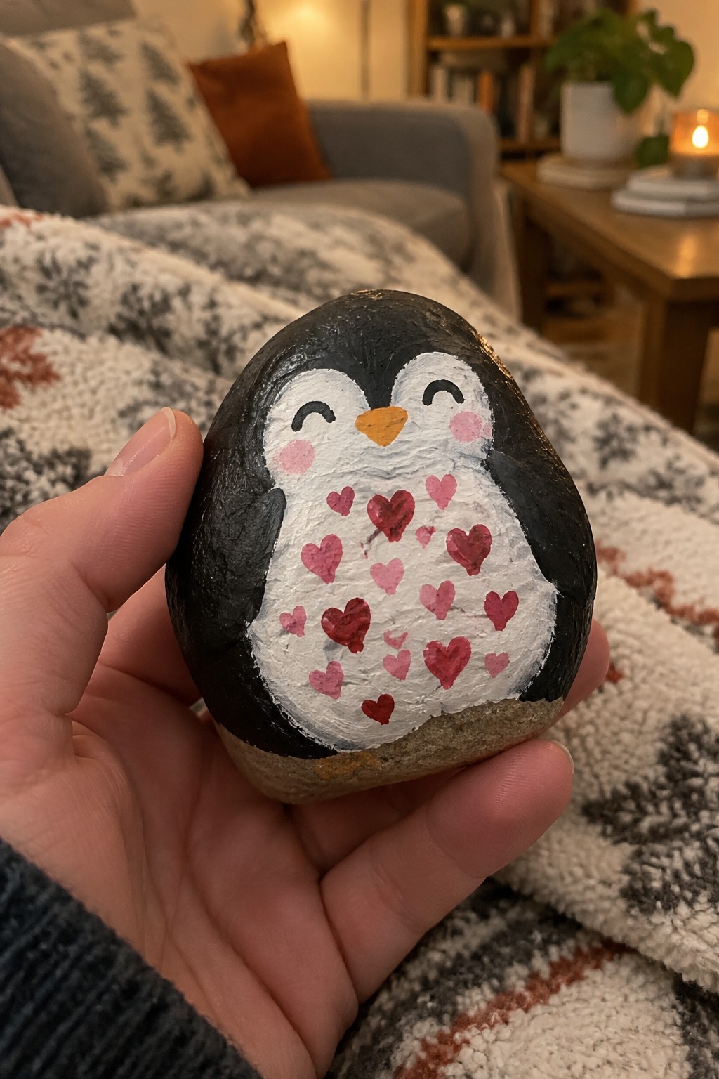 Hand holding painted penguin rock with black back, white belly, and pink hearts
