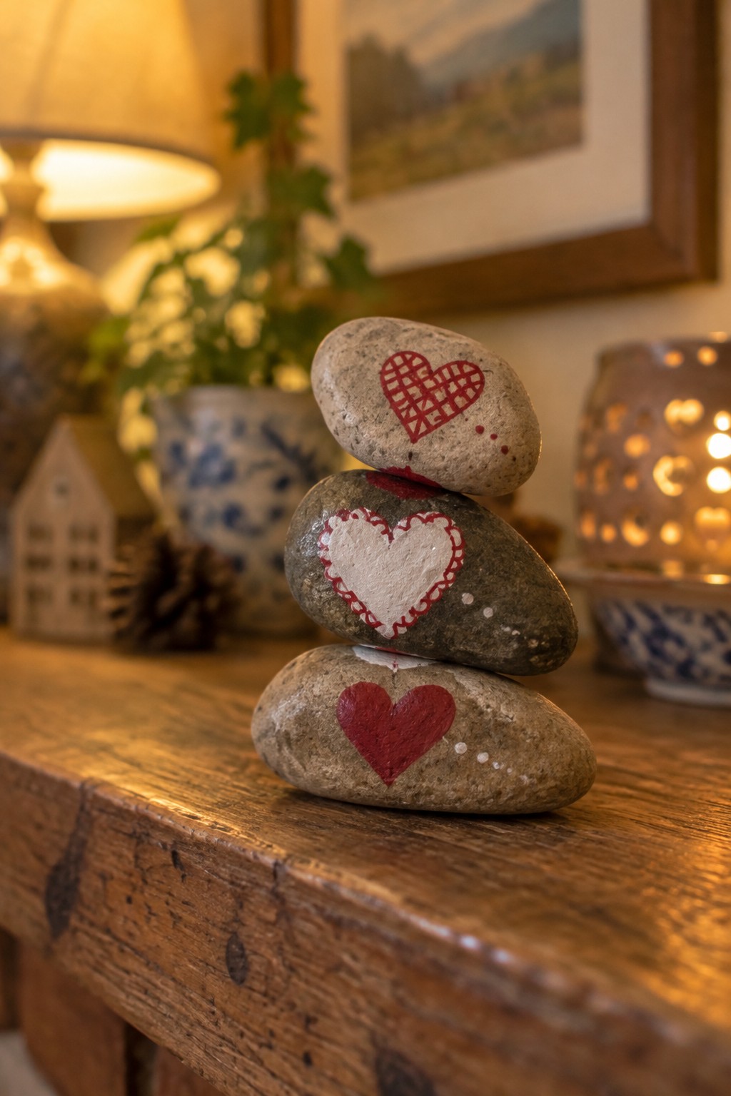 Three stacked stones painted with red and white hearts on wooden table