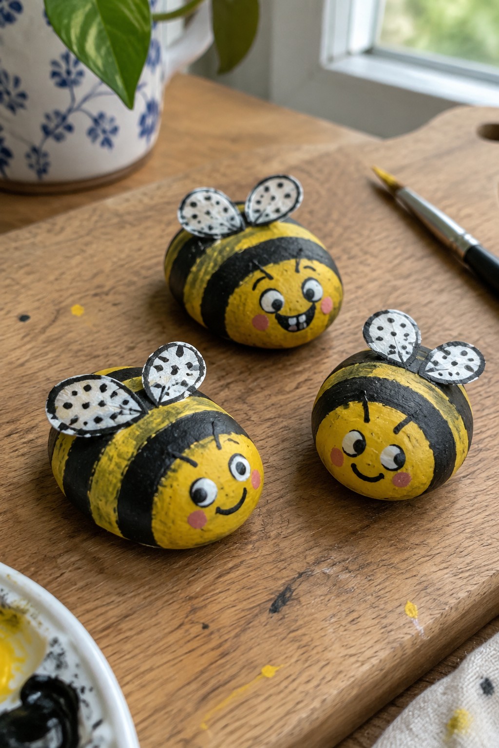 Three painted bee rocks with yellow-black stripes, wings and faces on wood